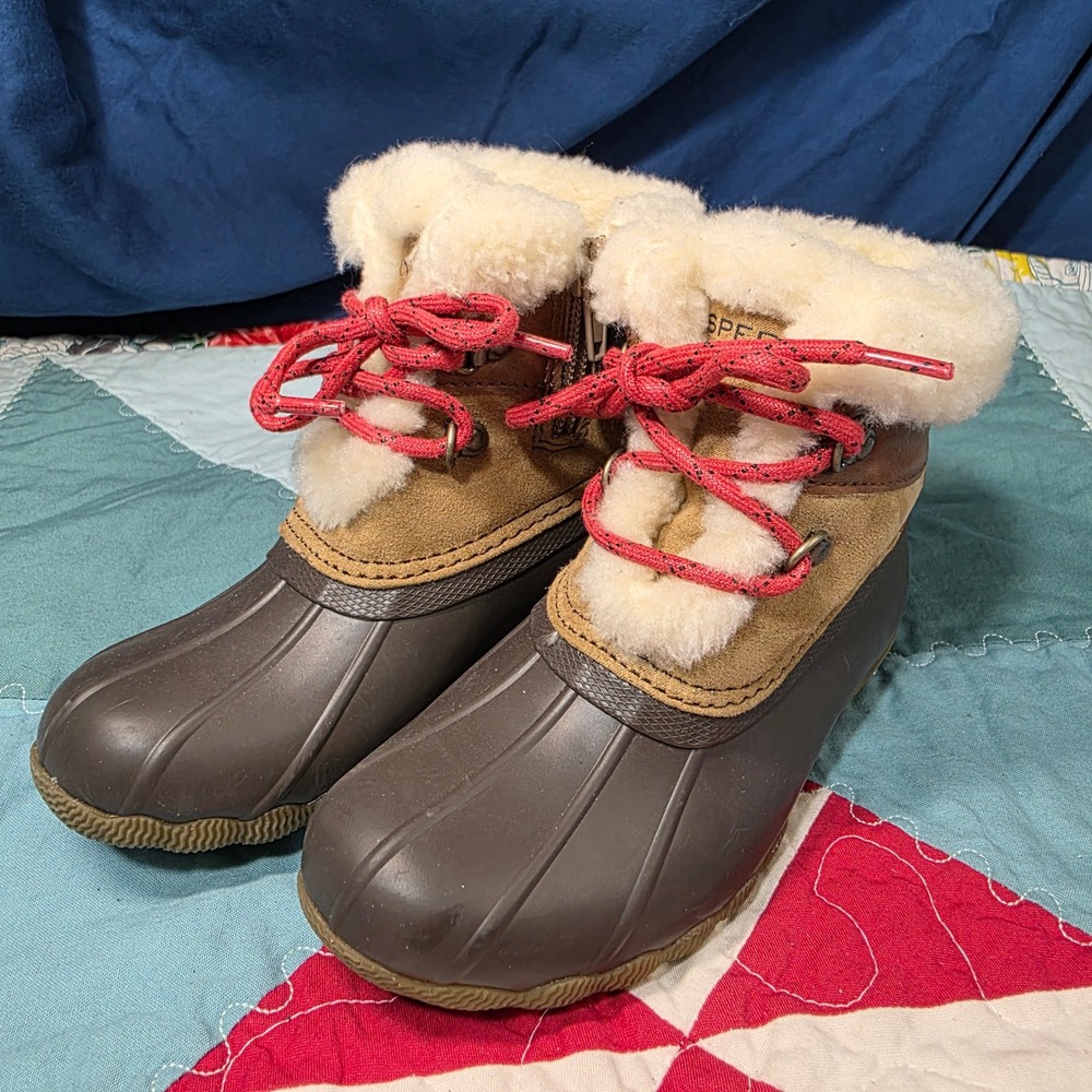 Sperry Saltwater Duck Boots Kids Size 10 Brown Tan Faux Fur Waterproof Zip